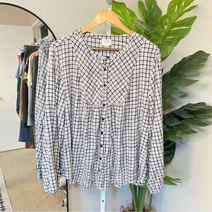 St. John’s Bay Textured Plaid Button Front Blouse | Black & White XXL